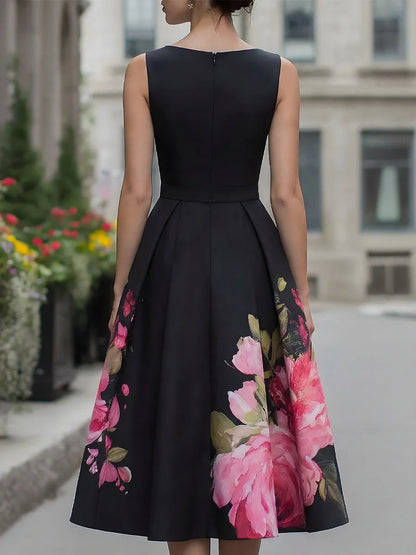 Women's Floral Sleeveless Midi Wedding Guest Dress with Boat Neck