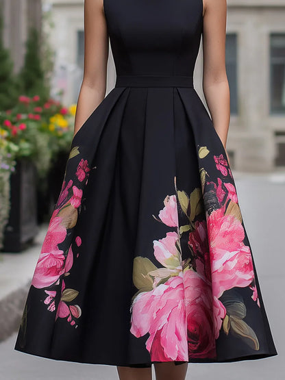 Women's Floral Sleeveless Midi Wedding Guest Dress with Boat Neck
