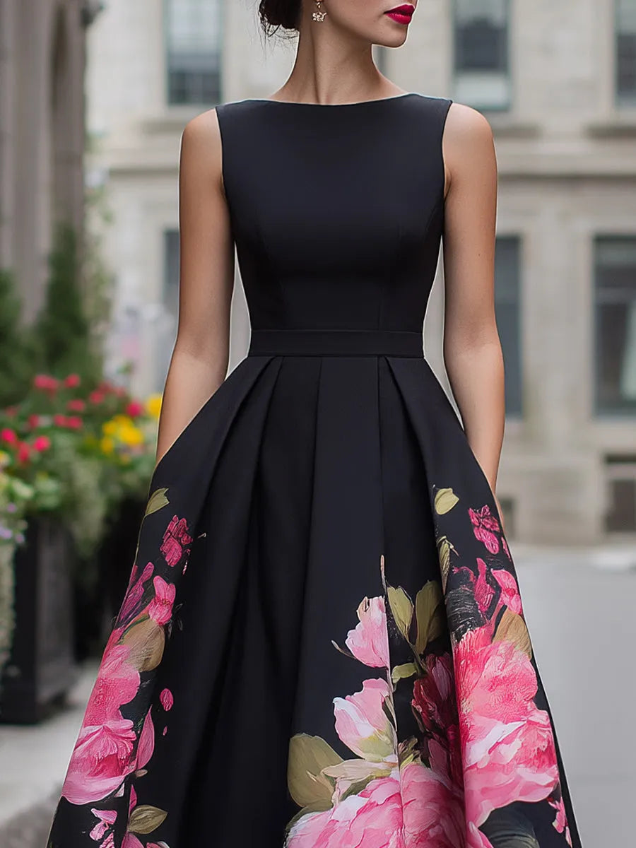 Women's Floral Sleeveless Midi Wedding Guest Dress with Boat Neck