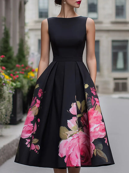 Women's Floral Sleeveless Midi Wedding Guest Dress with Boat Neck