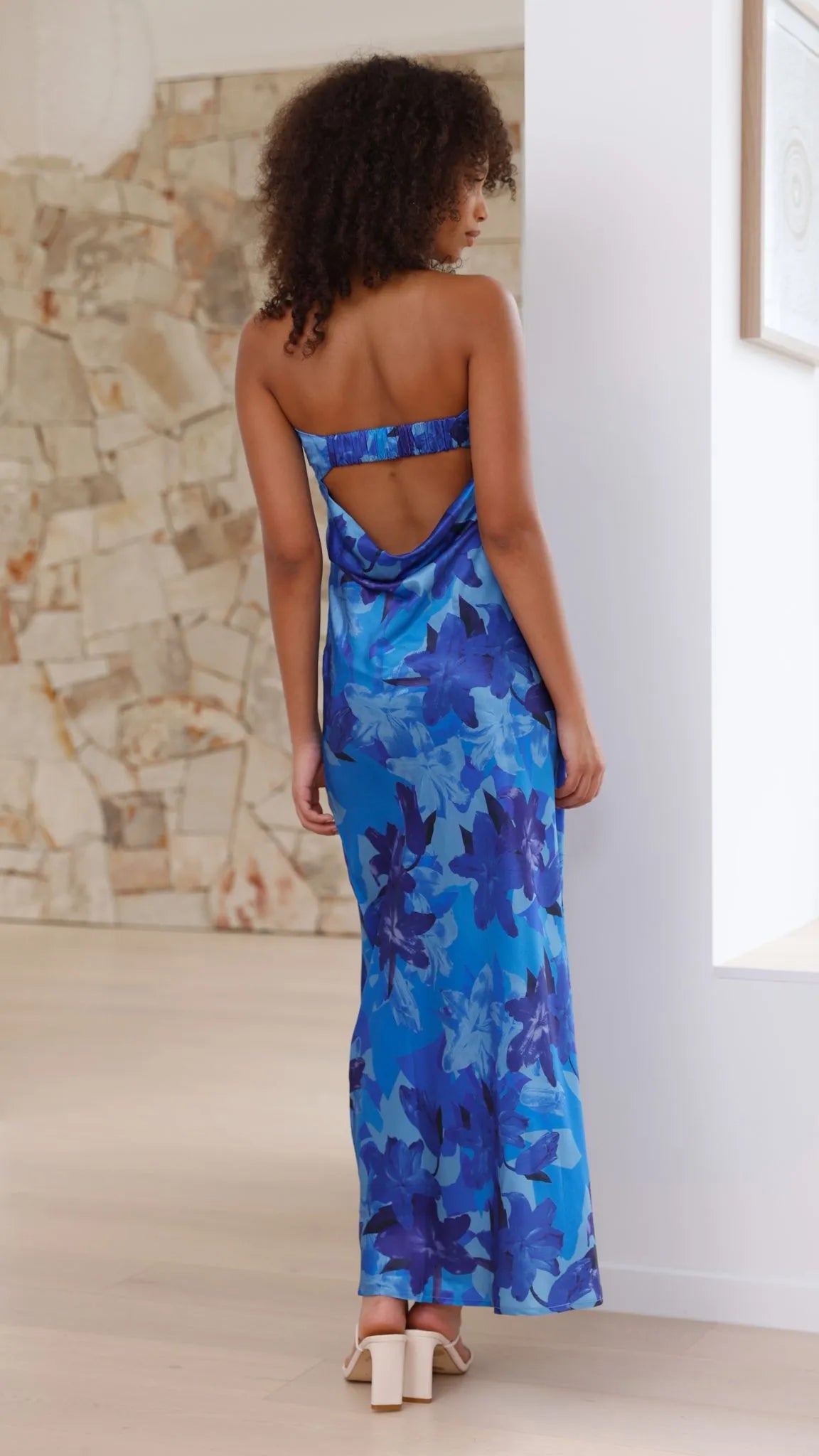 Women's Floral Strapless Maxi Wedding Guest Dress with Open Back
