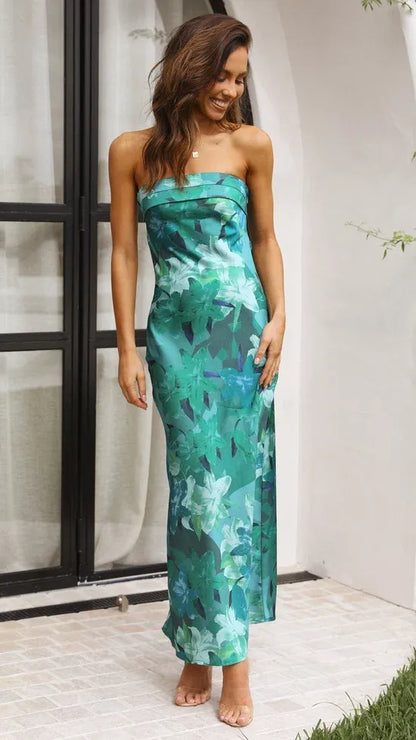 Women's Floral Strapless Maxi Wedding Guest Dress with Open Back