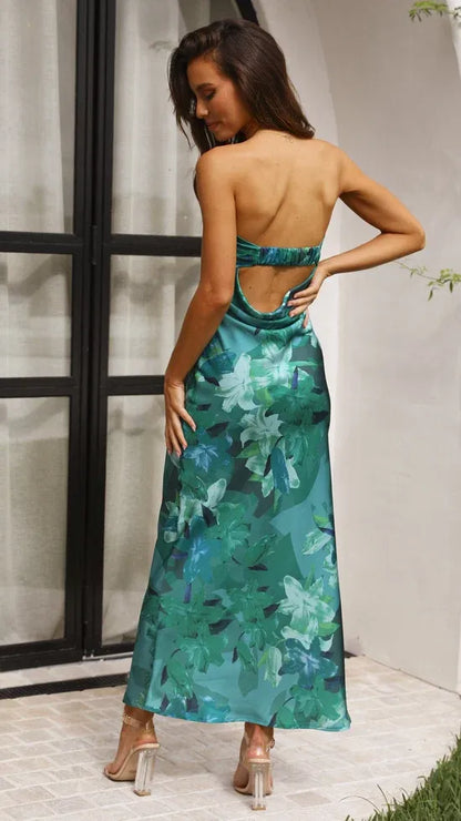 Women's Floral Strapless Maxi Wedding Guest Dress with Open Back