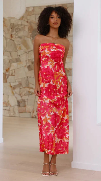 Women's Floral Strapless Maxi Wedding Guest Dress with Open Back