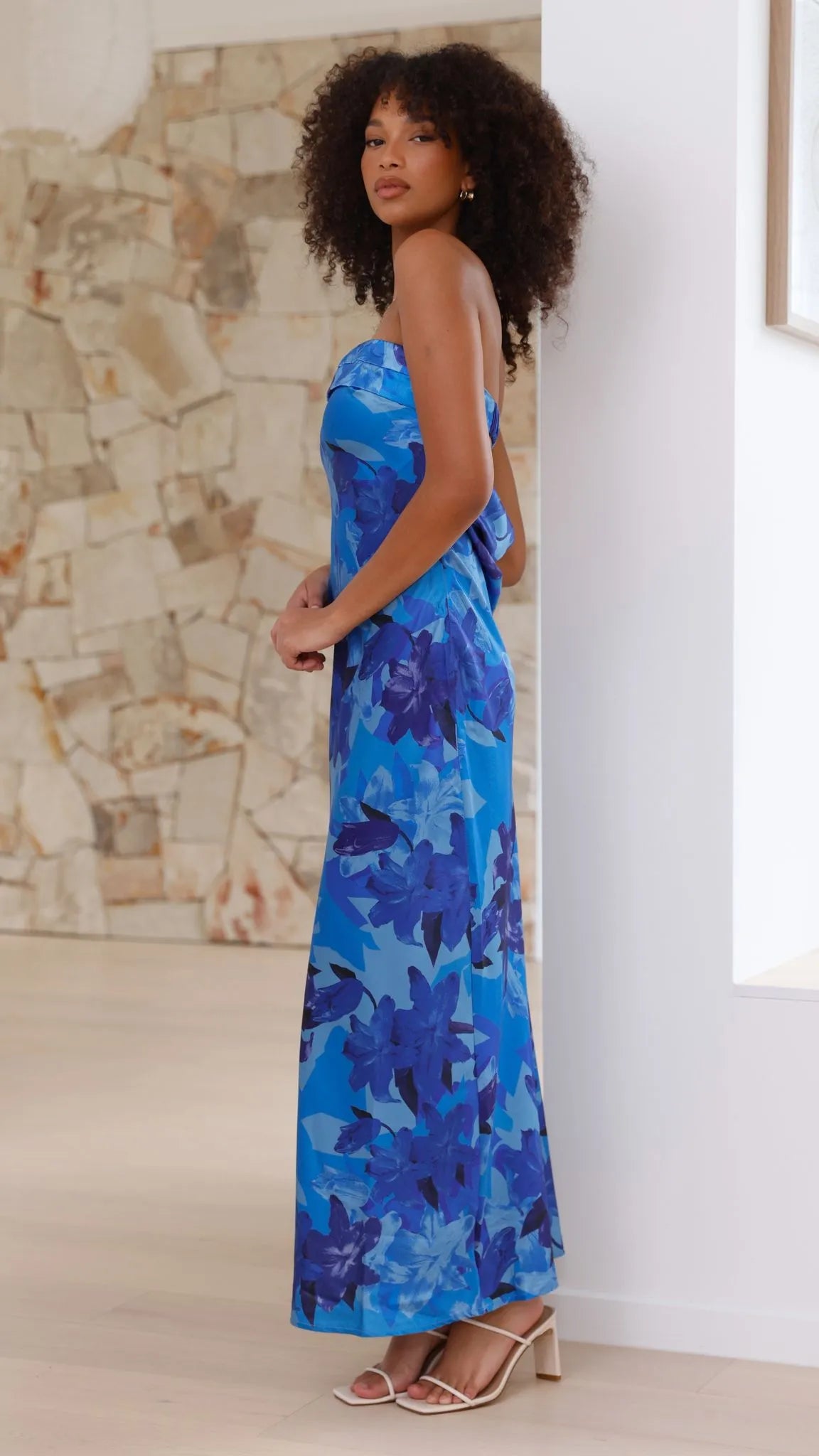 Women's Floral Strapless Maxi Wedding Guest Dress with Open Back