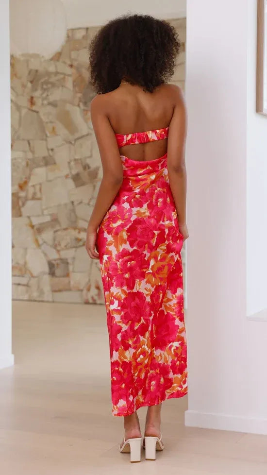 Women's Floral Strapless Maxi Wedding Guest Dress with Open Back