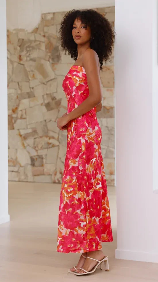 Women's Floral Strapless Maxi Wedding Guest Dress with Open Back