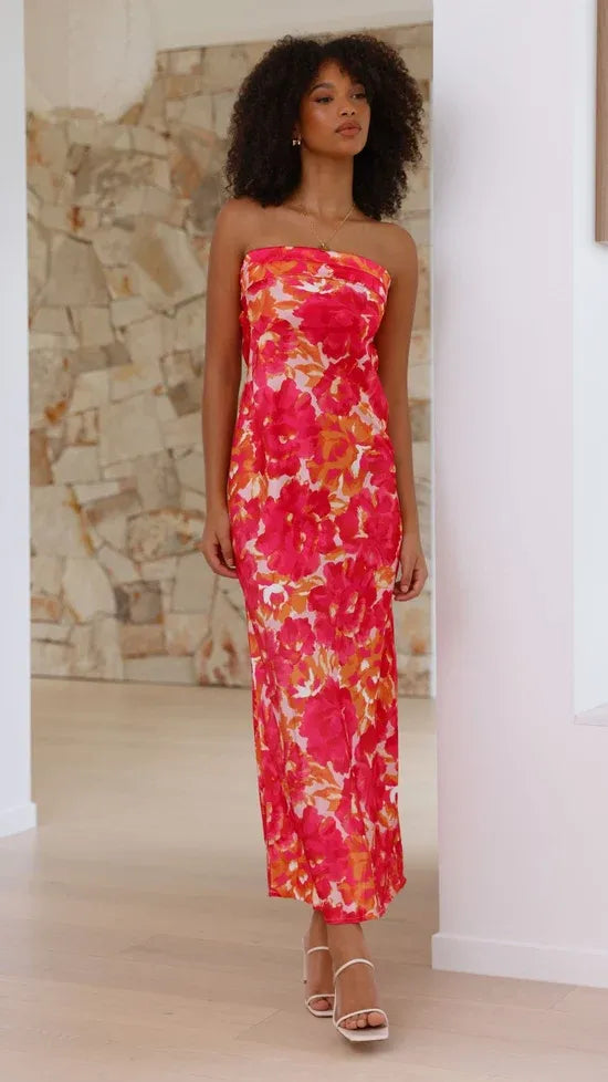 Women's Floral Strapless Maxi Wedding Guest Dress with Open Back