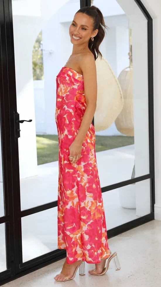 Women's Floral Strapless Maxi Wedding Guest Dress with Open Back