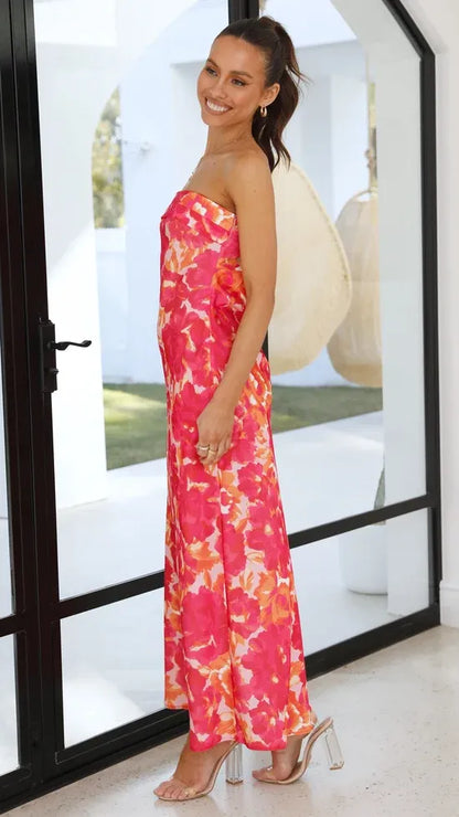 Women's Floral Strapless Maxi Wedding Guest Dress with Open Back