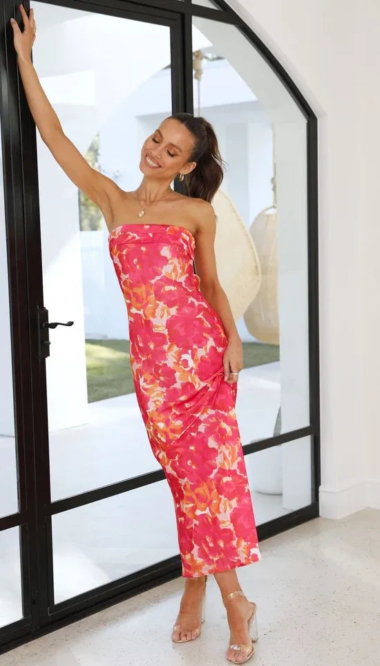 Women's Floral Strapless Maxi Wedding Guest Dress with Open Back