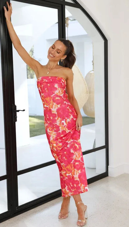 Women's Floral Strapless Maxi Wedding Guest Dress with Open Back