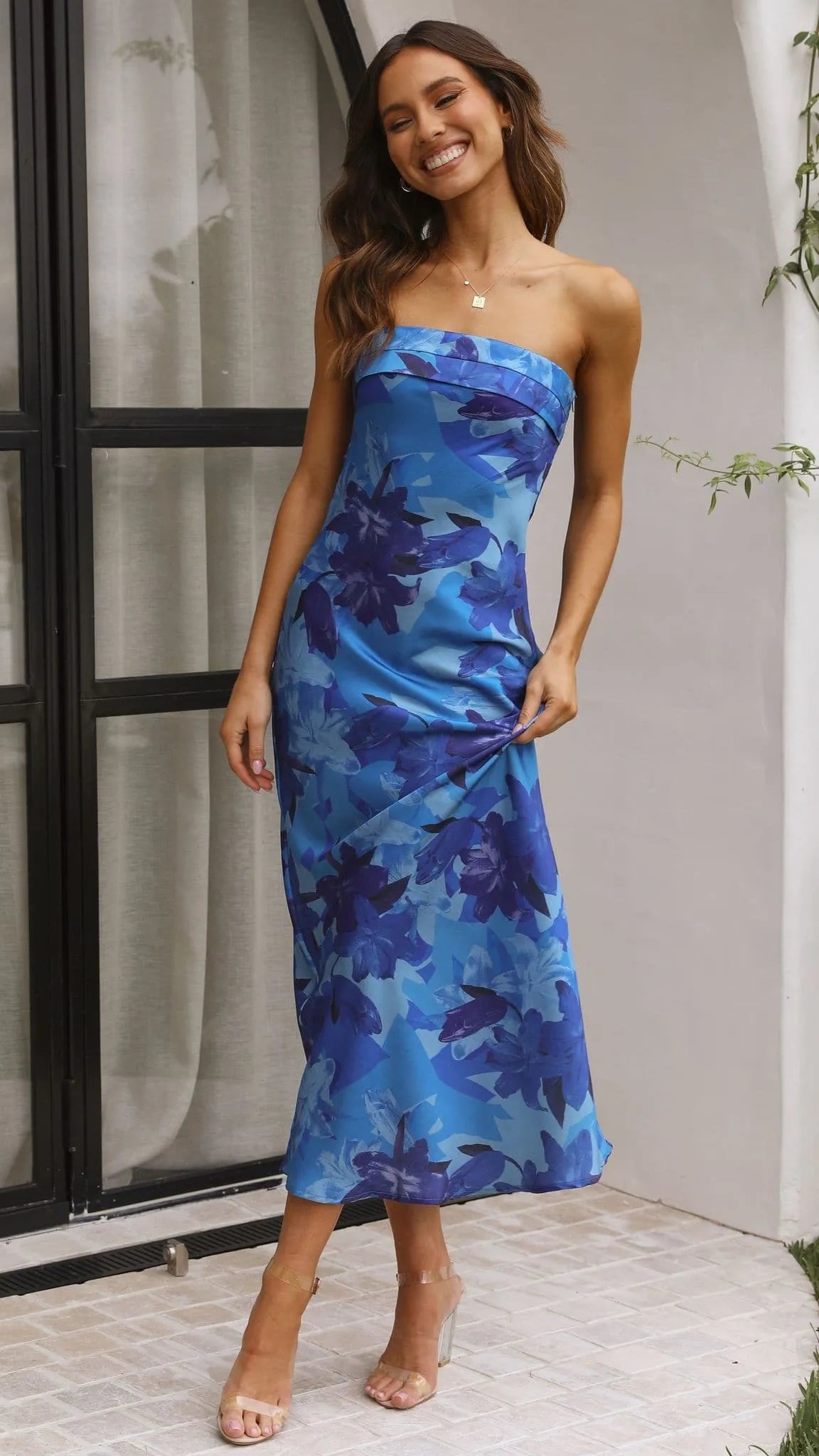 Women's Floral Strapless Maxi Wedding Guest Dress with Open Back