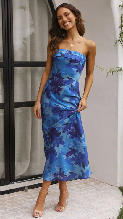 Women's Floral Strapless Maxi Wedding Guest Dress with Open Back