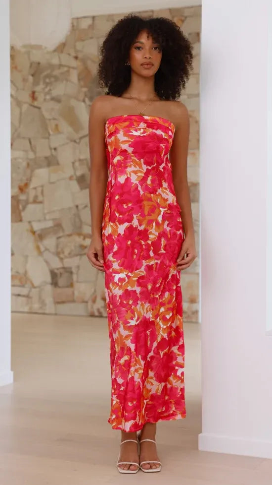 Women's Floral Strapless Maxi Wedding Guest Dress with Open Back