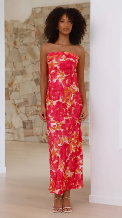 Women's Floral Strapless Maxi Wedding Guest Dress with Open Back