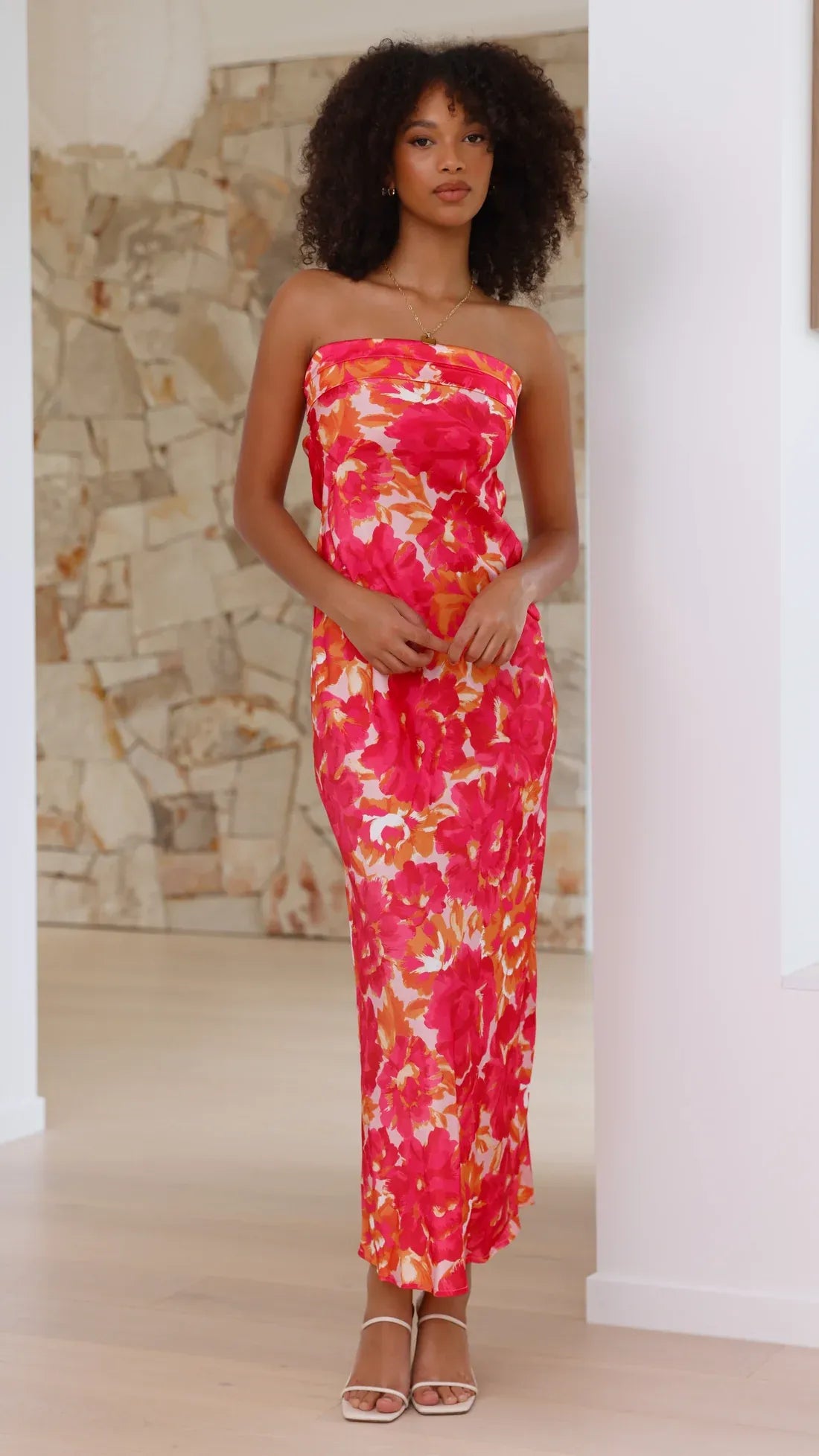 Women's Floral Strapless Maxi Wedding Guest Dress with Open Back
