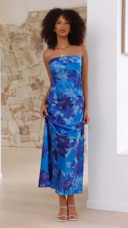 Women's Floral Strapless Maxi Wedding Guest Dress with Open Back