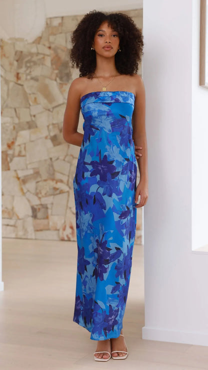 Women's Floral Strapless Maxi Wedding Guest Dress with Open Back