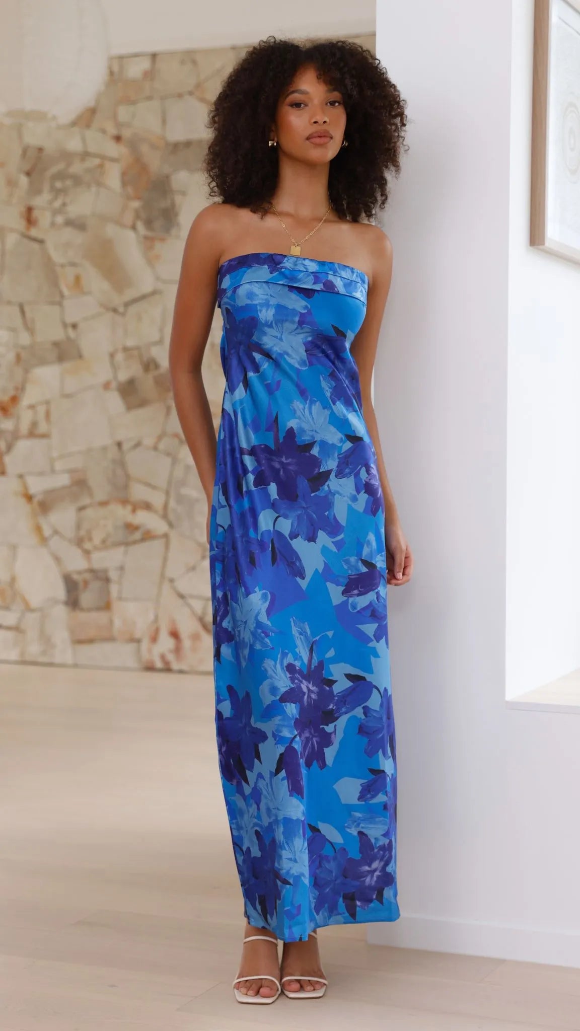 Women's Floral Strapless Maxi Wedding Guest Dress with Open Back