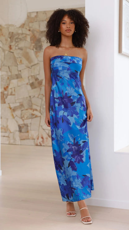 Women's Floral Strapless Maxi Wedding Guest Dress with Open Back