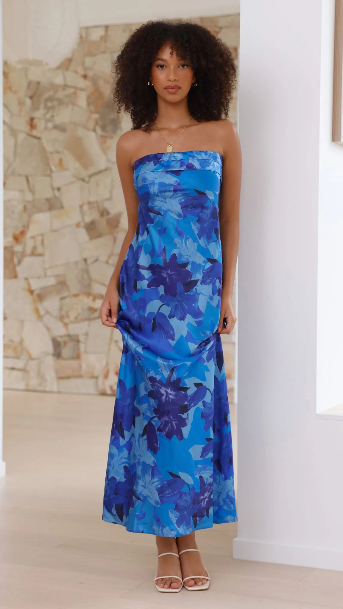 Women's Floral Strapless Maxi Wedding Guest Dress with Open Back