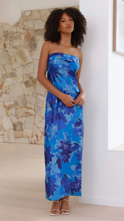 Women's Floral Strapless Maxi Wedding Guest Dress with Open Back