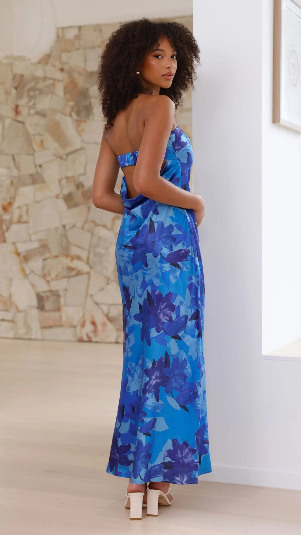 Women's Floral Strapless Maxi Wedding Guest Dress with Open Back