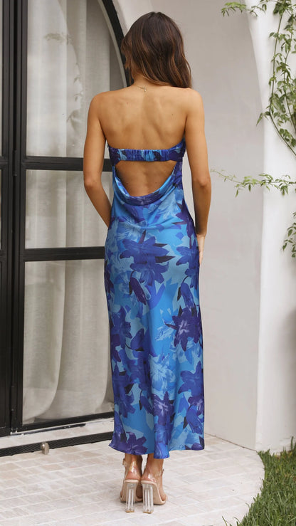 Women's Floral Strapless Maxi Wedding Guest Dress with Open Back