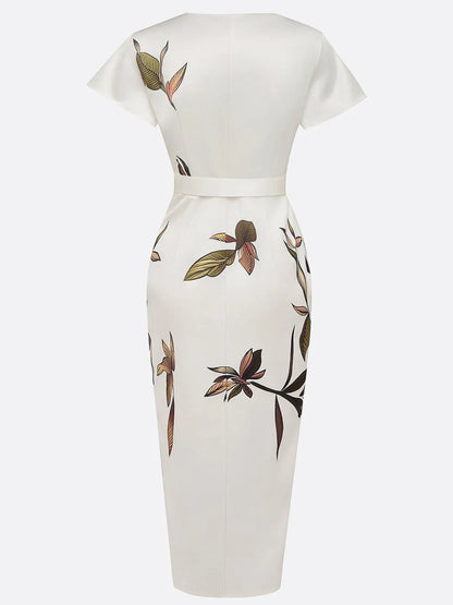 Women's Floral Wrap Midi Wedding Guest Dress with Flutter Sleeves