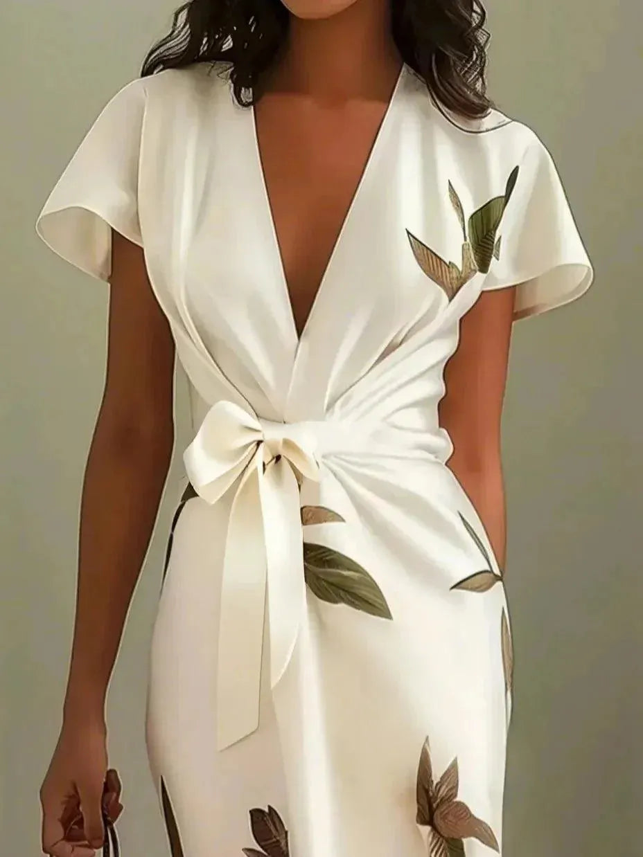 Women's Floral Wrap Midi Wedding Guest Dress with Flutter Sleeves