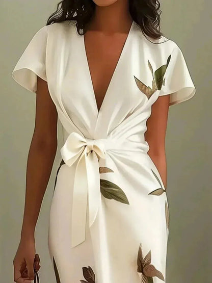 Women's Floral Wrap Midi Wedding Guest Dress with Flutter Sleeves