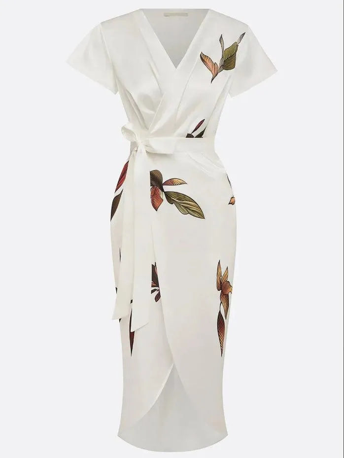 Women's Floral Wrap Midi Wedding Guest Dress with Flutter Sleeves