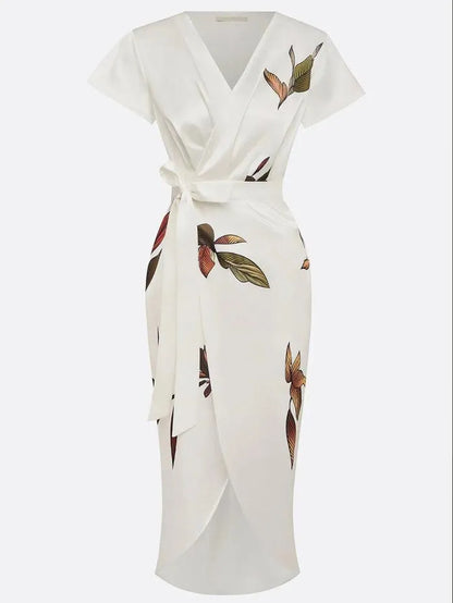 Women's Floral Wrap Midi Wedding Guest Dress with Flutter Sleeves
