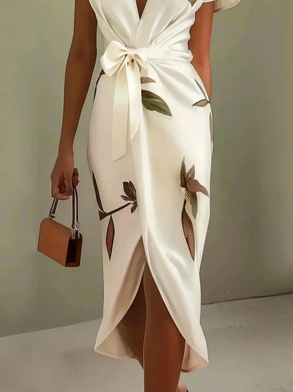 Women's Floral Wrap Midi Wedding Guest Dress with Flutter Sleeves
