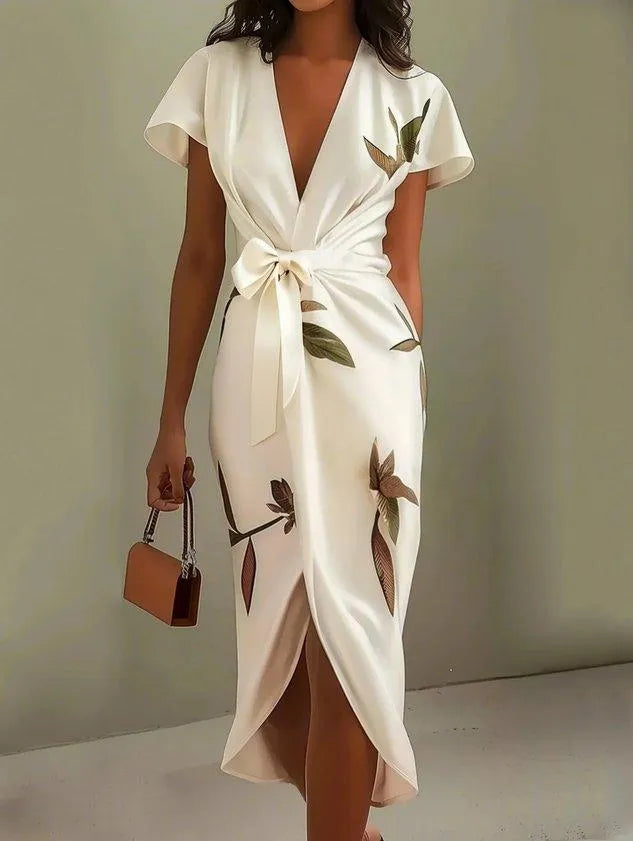 Women's Floral Wrap Midi Wedding Guest Dress with Flutter Sleeves