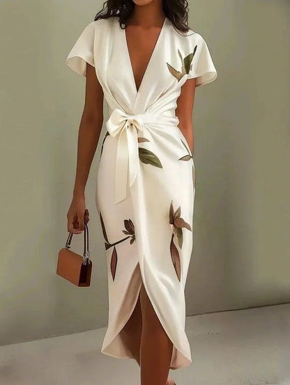 Women's Floral Wrap Midi Wedding Guest Dress with Flutter Sleeves