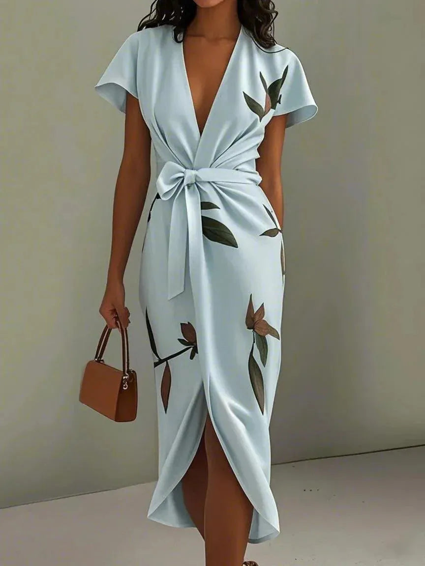 Women's Floral Wrap Midi Wedding Guest Dress with Flutter Sleeves