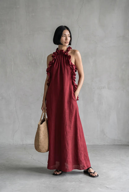 Women’s Flowy Elegant Maxi Wedding Guest Dress with Ruffle