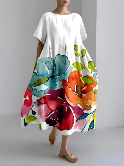 Women’s Flowy Floral Midi Wedding Guest Dress with Short Sleeves