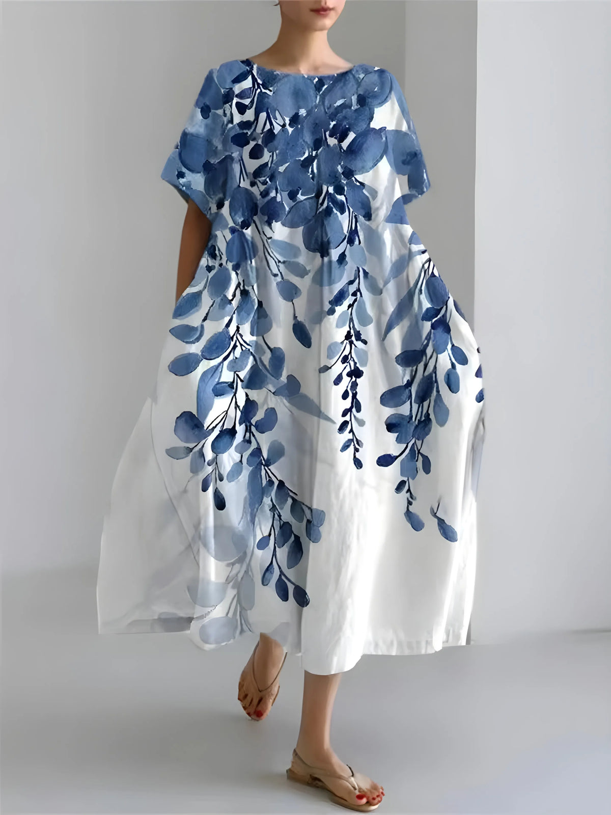 Women’s Flowy Floral Midi Wedding Guest Dress with Short Sleeves
