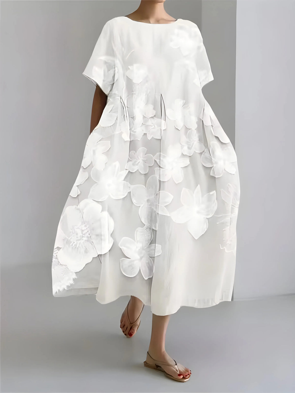 Women’s Flowy Floral Midi Wedding Guest Dress with Short Sleeves