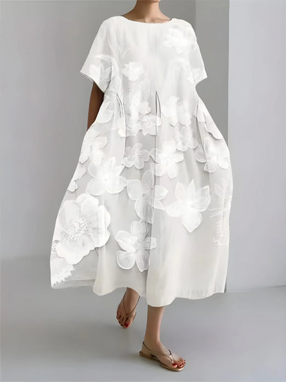 Women’s Flowy Floral Midi Wedding Guest Dress with Short Sleeves