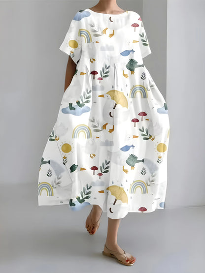 Women’s Flowy Floral Midi Wedding Guest Dress with Short Sleeves