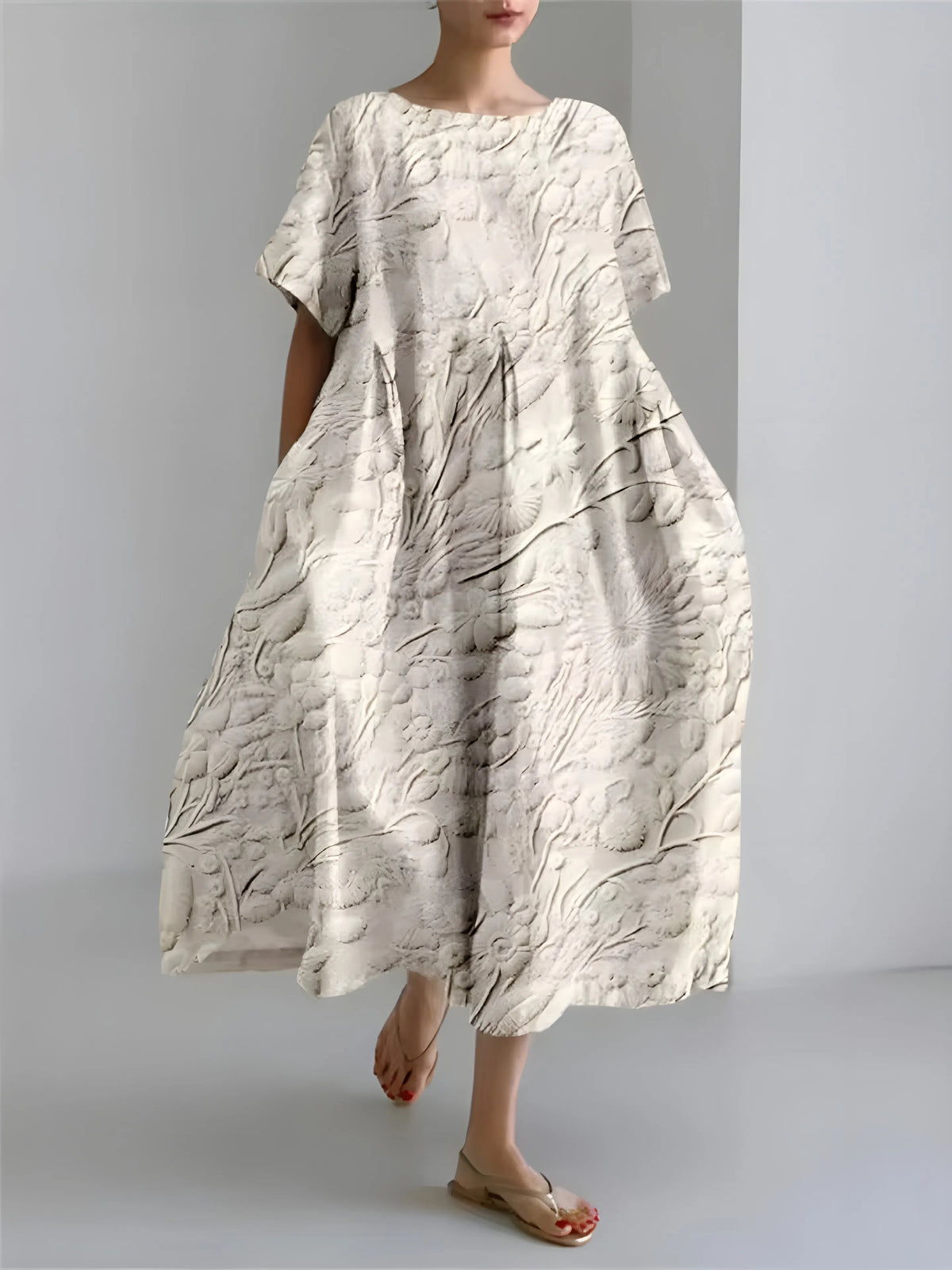 Women’s Flowy Floral Midi Wedding Guest Dress with Short Sleeves
