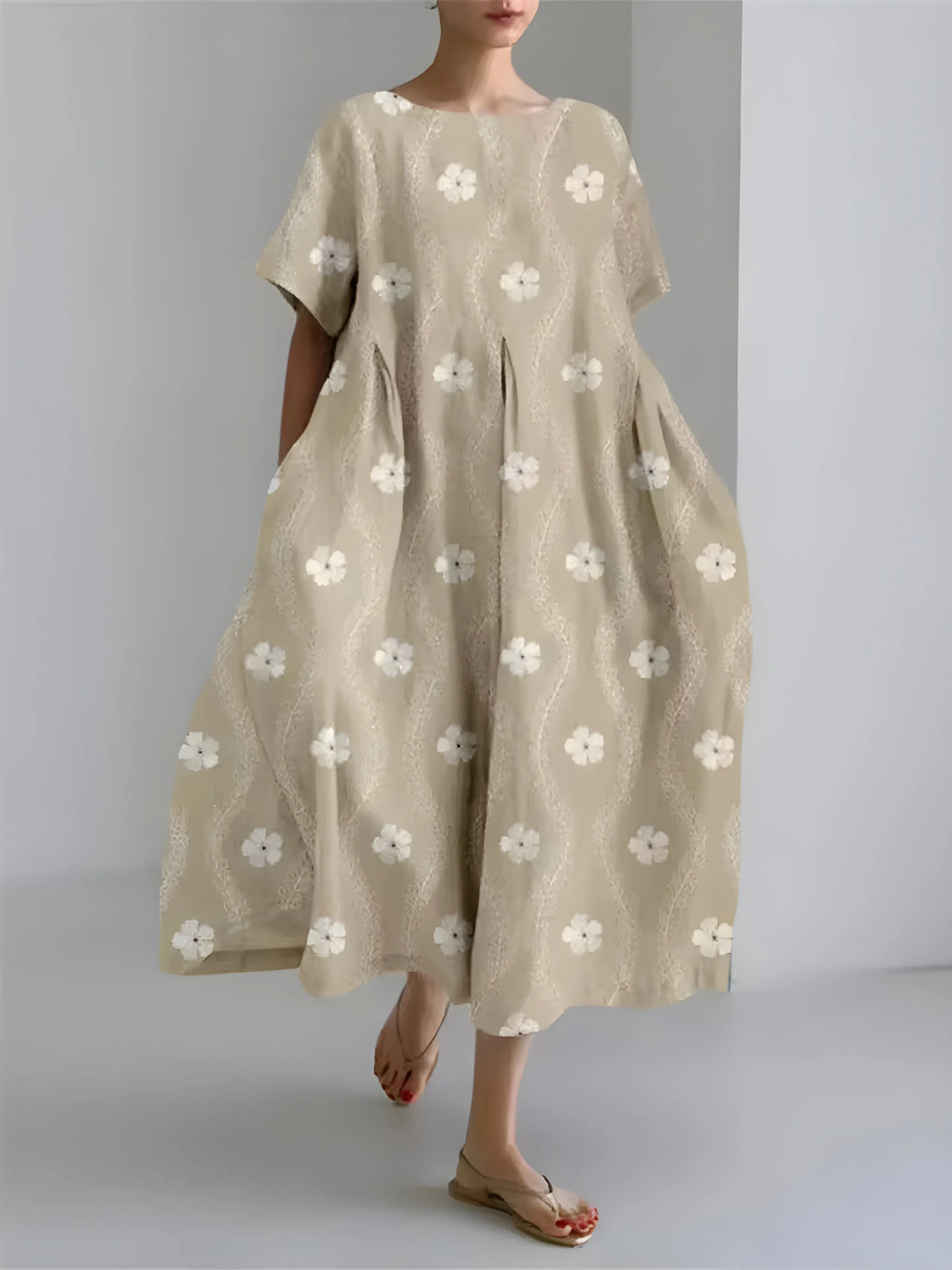 Women’s Flowy Floral Midi Wedding Guest Dress with Short Sleeves