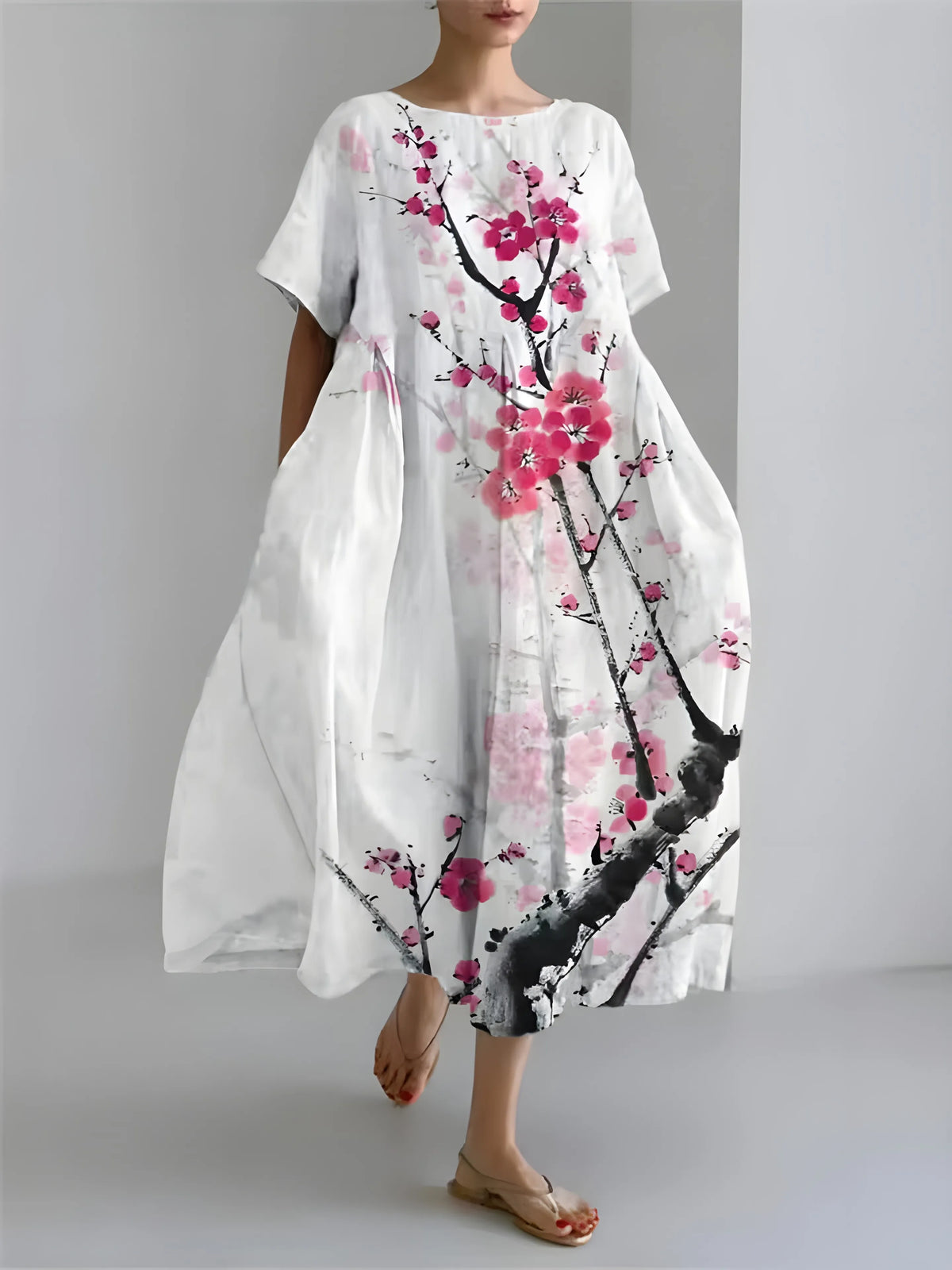 Women’s Flowy Floral Midi Wedding Guest Dress with Short Sleeves