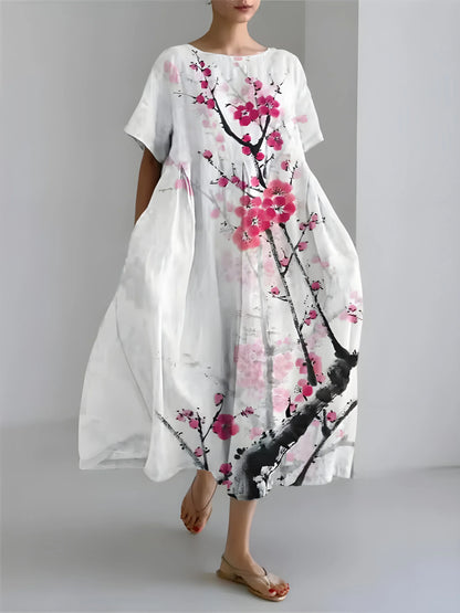 Women’s Flowy Floral Midi Wedding Guest Dress with Short Sleeves