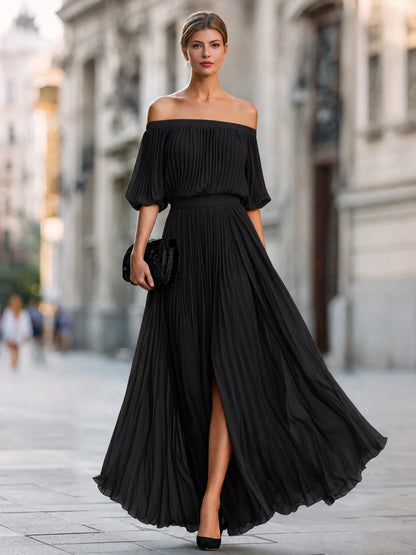 Women's Flowy Off Shoulder Maxi Wedding Guest Dress with Pleated