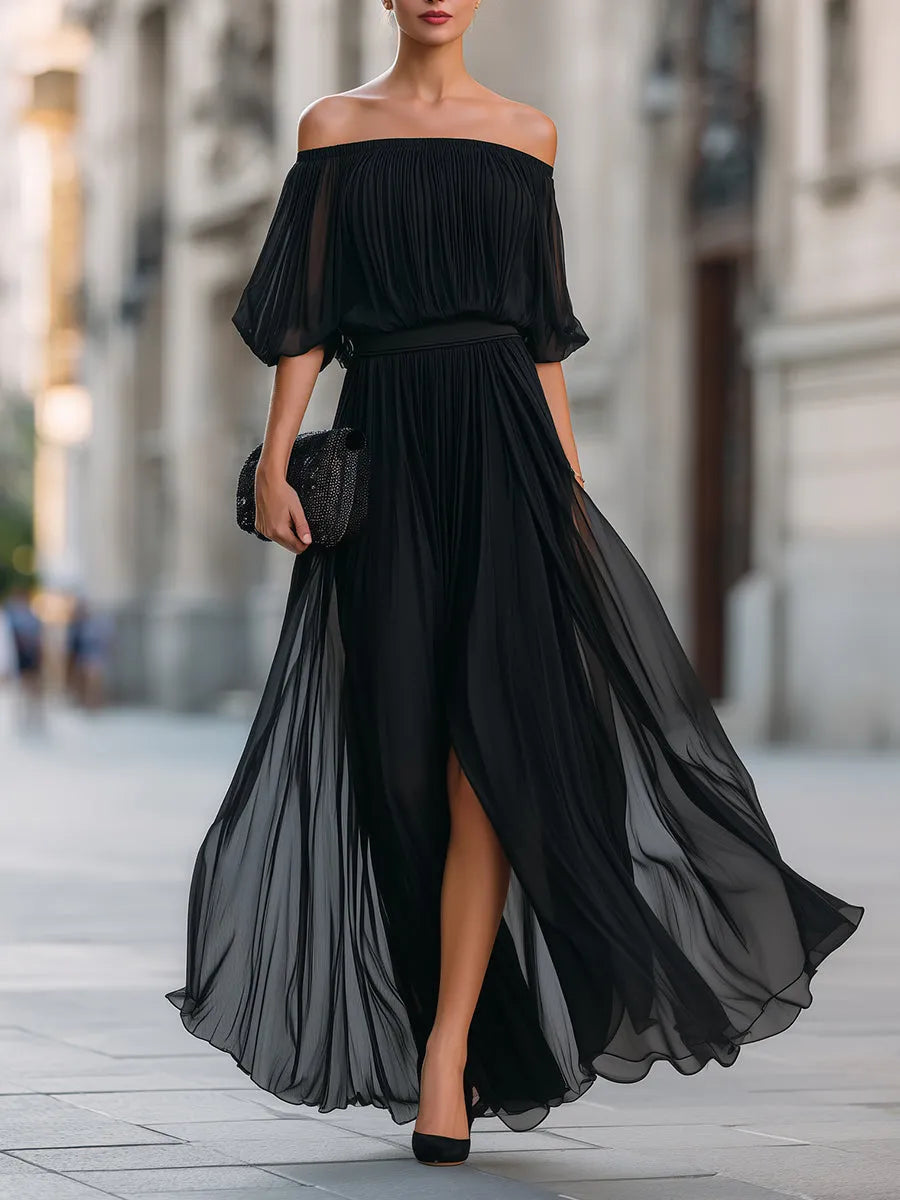 Women's Flowy Off Shoulder Maxi Wedding Guest Dress with Pleated